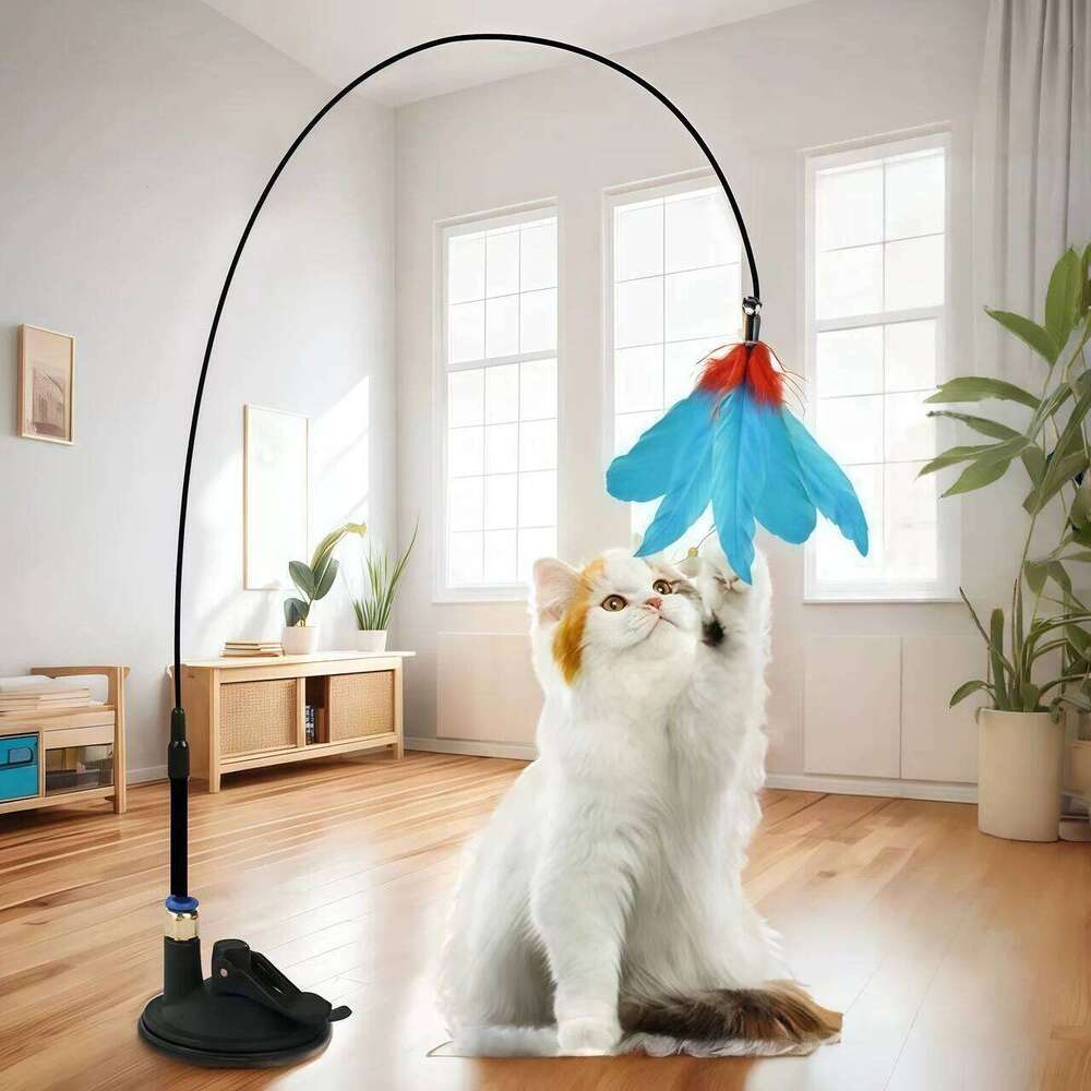 Toy Cat Pole With Bell Extended Rod Suction Cup Durable Bite Teaser Stick Replaceable Feather Head