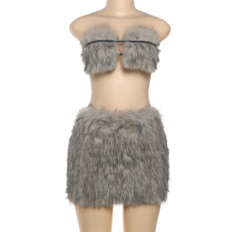 Two Piece Dress Women's Solid Plush Tie-up Stitching Low Waist Hip-hugging Dress Set