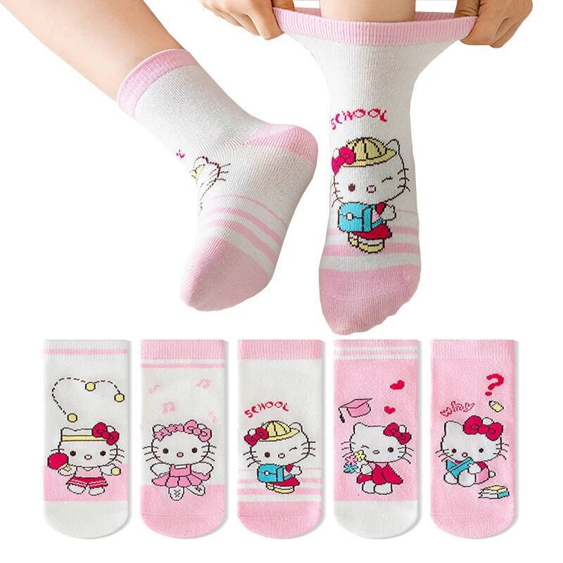Designer 5 Pairs Sanrio Kuromi Kids Socks Hello Kitty Kawaii New Fall Winter Cartoon Girls Mid-Calf Socks Cotton Sock For Children Gifts