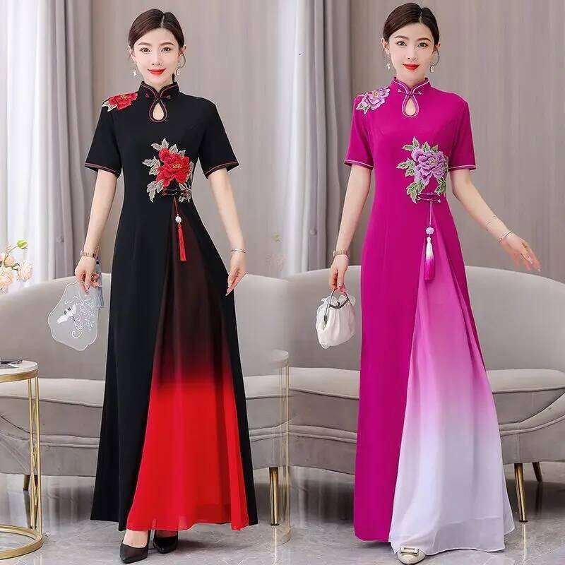 Catwalk Short Sleeve Long Improved Vietnam Audrey Ao Dai Qipao Cheongsam Dance Dress MAKOUFEI