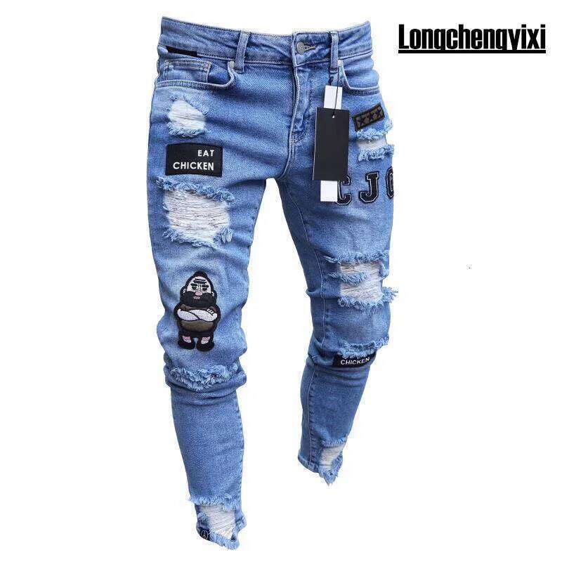 new White Embroidery Men Cotton Stretchy Ripped Skinny Jeans High Quality Hip Hop Black Hole Slim Fit Oversize Denim Pants 26Y0330