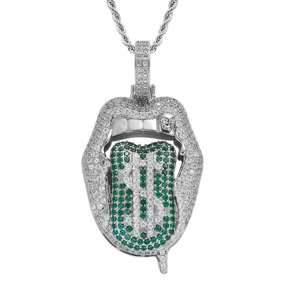 Necklace With Tongue-Out Lips And Dollar Pendant, Trendy Personalized Micro-Inlaid Zircon Men's Hip-Hop Pendant