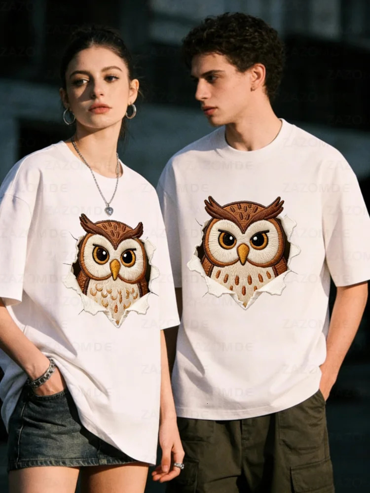 ZAZOMDE Oversized Short Sleeve Cotton Tshirt Owl Graphic Print Men Women High Street Streetwear Loose Fit Casual Daily Wear 260312