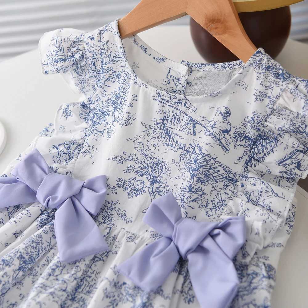 Humor Bear Girls French Style Dress Casual Sweet Bow Flying Sleeve Fashionable Childrens princess dressT260330