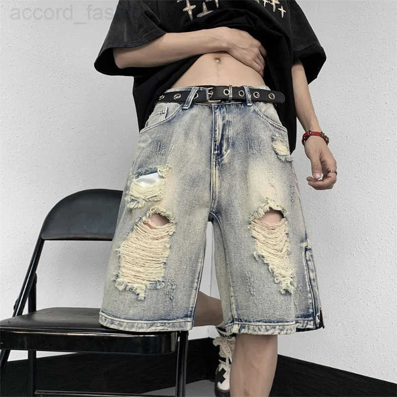 Mens High Street Ripped Denim Versatile Loose and Handsome Shorts H260330