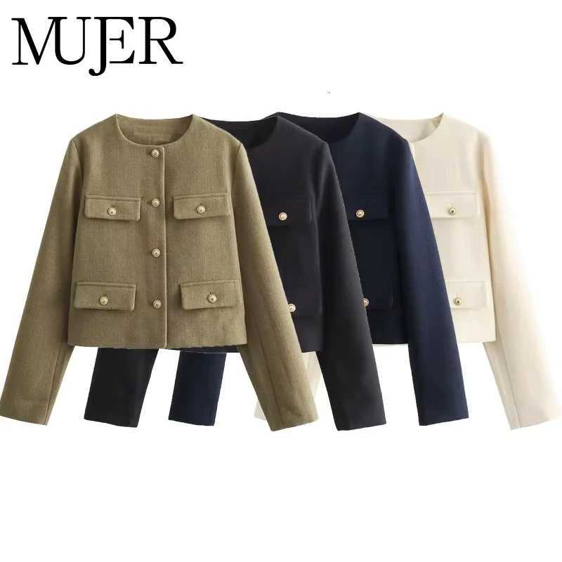 MUJER Tweed Cropped Jacket Woman Long Sleeve Vintage Jacket Woman Fashion Button Elegant Jackets For Women New In Short CoatsT260328