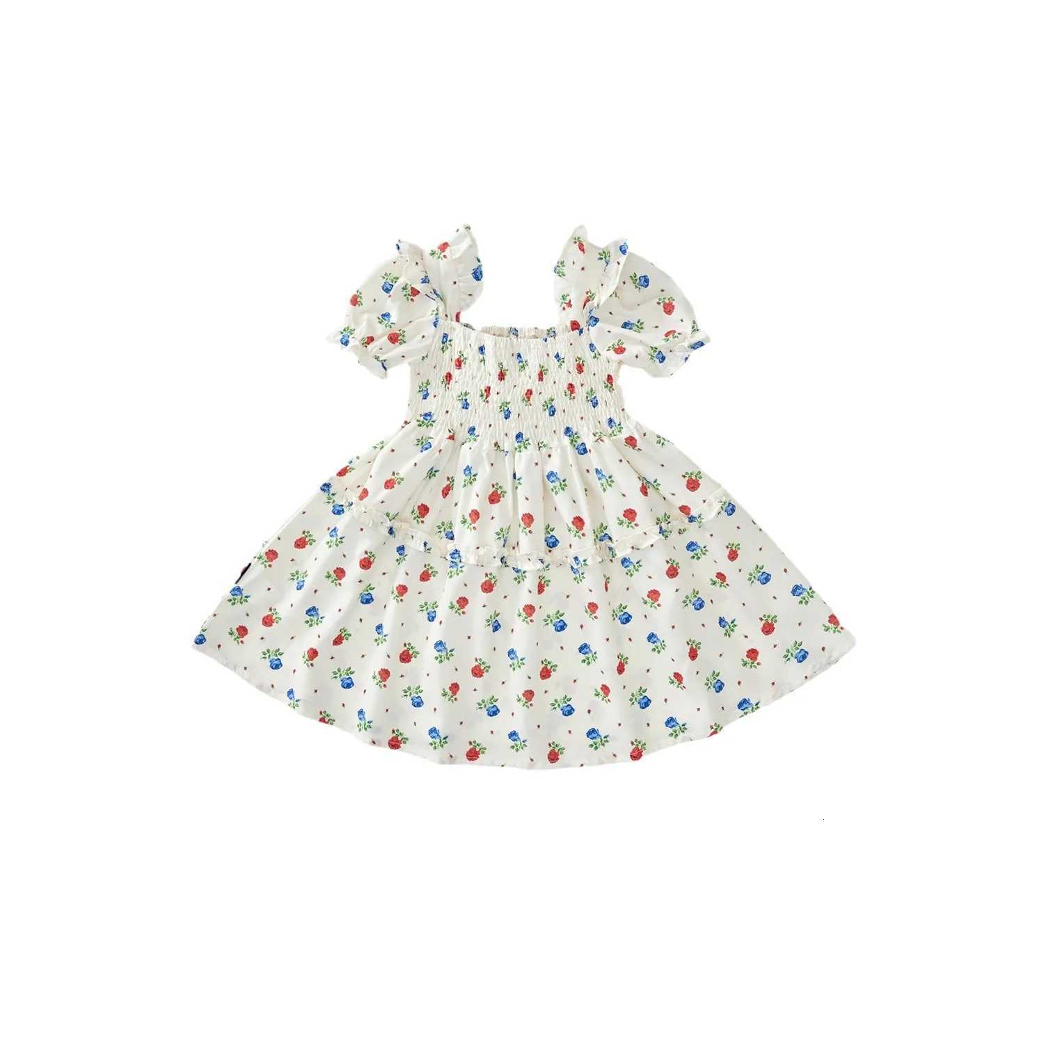 Girl Floral Short Sleeved Dress Summer New Childrens Clothing Square Neckline Pastoral Style Party Princess Dress Kids DressT260330