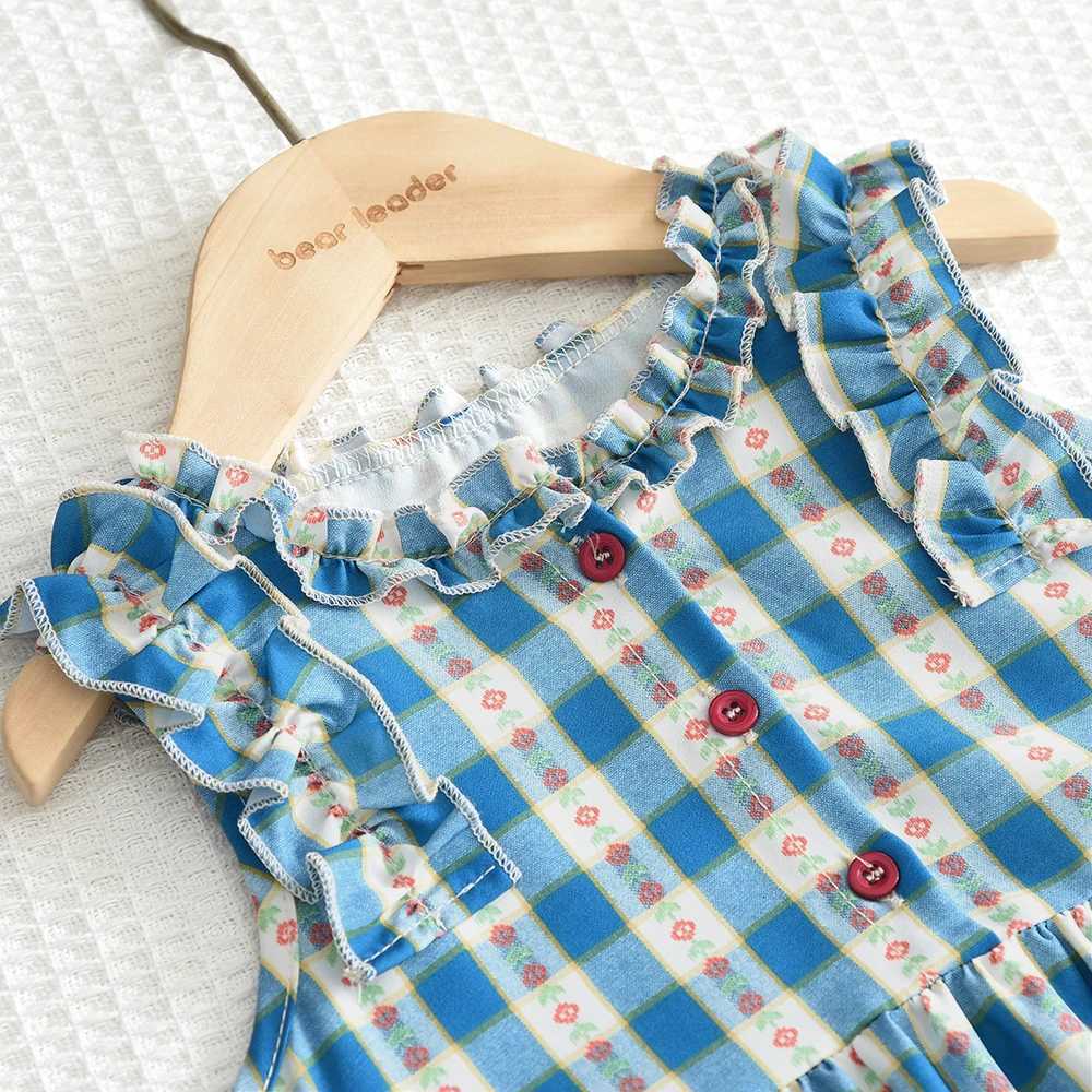 Bear Leader New Girls Flower Print Princess Dresses Wood Ear Edge Plaid Waistband Casual Kids Clothes Fashion Summer WearT260330