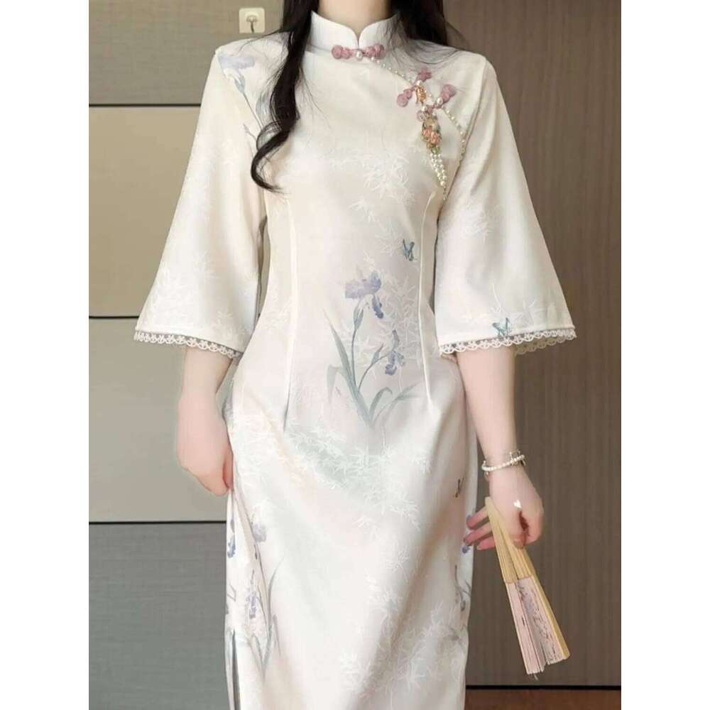 Elegant Improved Cheongsam New Chinese Style Floral Lace Inverted Large Sleeves Young Girl Long Qipao Dress Spring MAKOUFEI