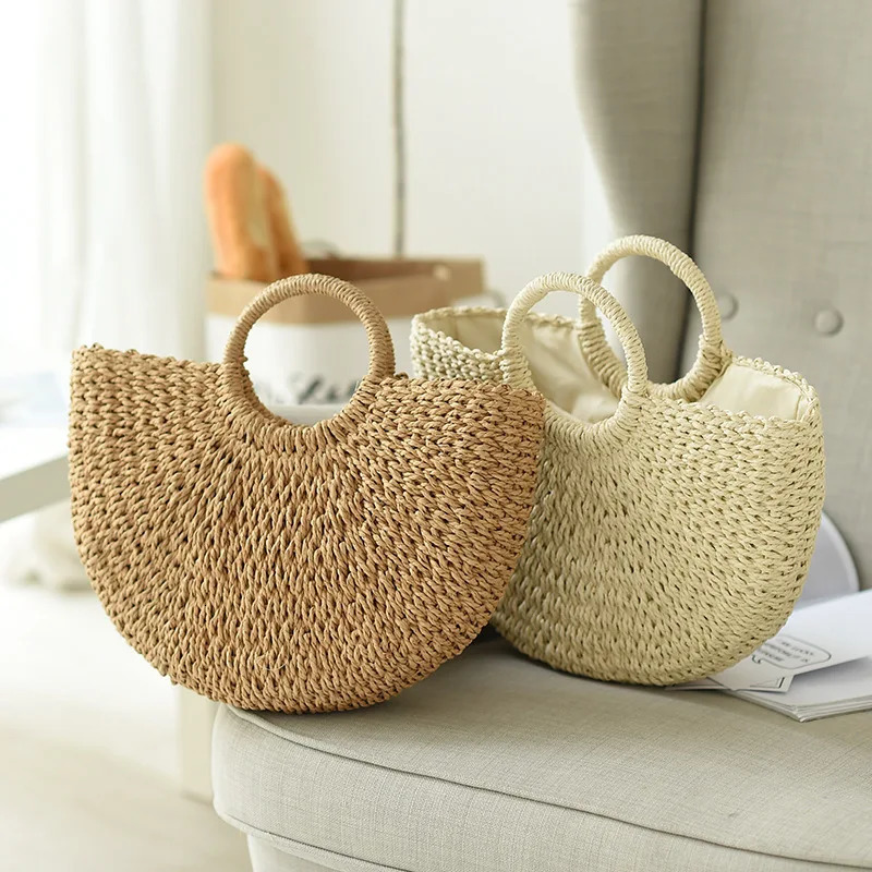 Summer Handmade Bags for Women Beach Weaving Ladies Straw Bag Wrapped Beach Bag Moon shaped Top Handle Handbags 260316