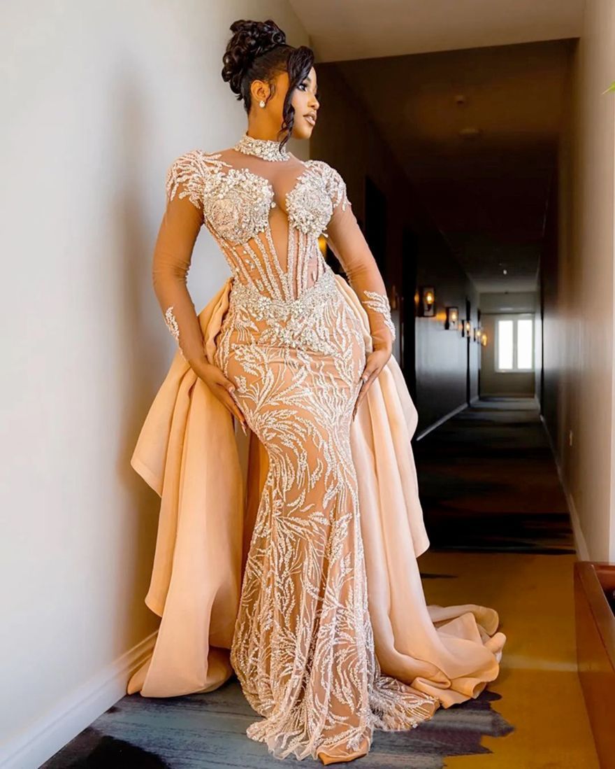 2026 Champagne Mermaid Dresses Bridal Gowns With Detachable Train Illusion Long Sleeves High Neck Beaded Lace Wedding Gown for African Black Women ZD1