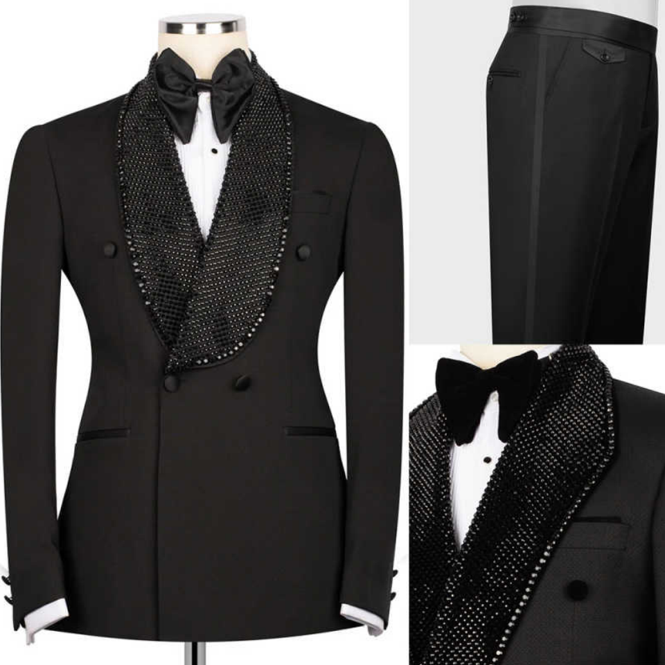 Elegante Men Black Suit 2 Pieces Formal Wedding Slim Fit Tuxedos Shawl Lapel Double Breasted Tailored Made Prom