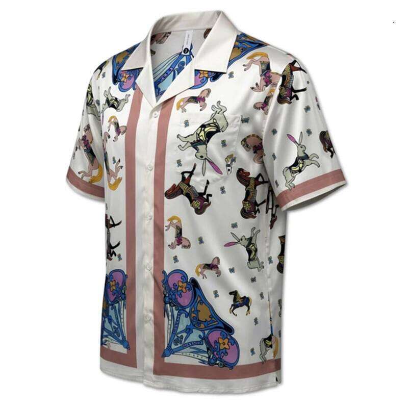 Vacation Fashion Mens Short Sleeve Shirts Vintage Pattern Printed Silk Shirt Tops Men Casual Turn-Down Collar Button-Up Cardigan