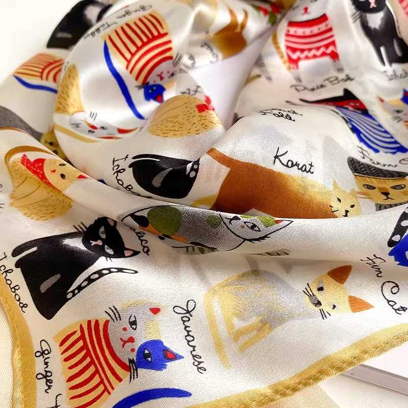 100 Mberry Silk Scarf Cute Cat Print Lightweight Square Scarf for Wen Fashion Neck Scarf Hair Fall Wens Scarves X260328