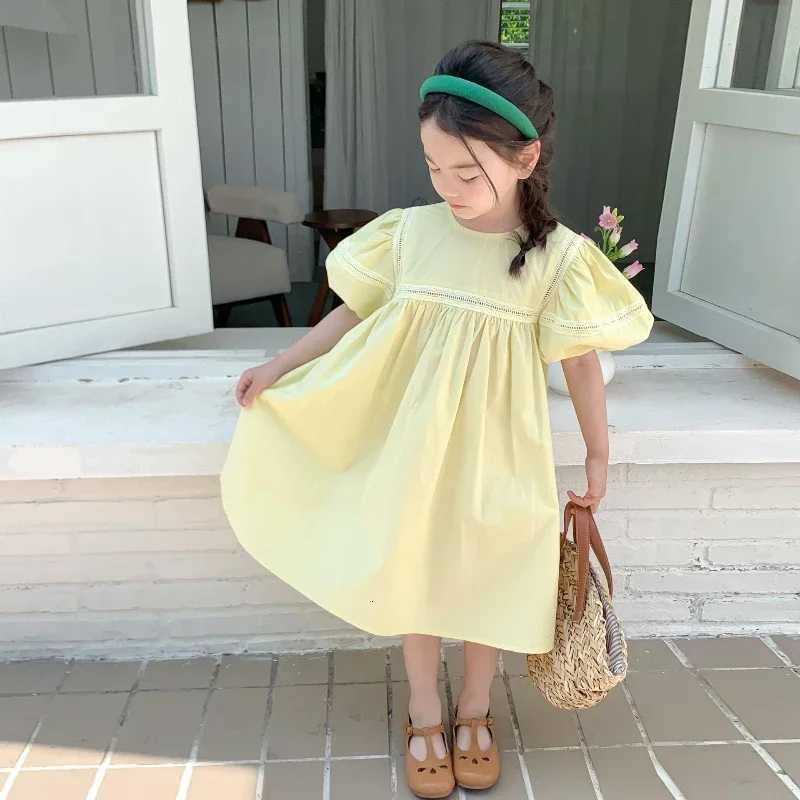 Girls Dress Holiday Style Sweet Bubble Sleeve 2 3 4 5 6 7 8 Years Yellow Pink Knee-length Childrens Clothing Princess DressesT260330