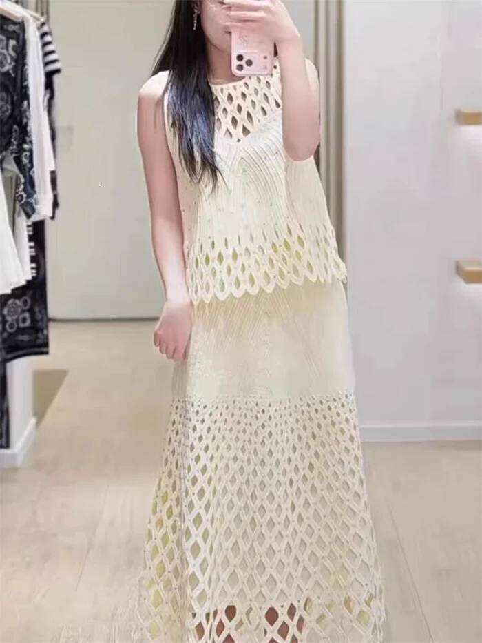 Women Lace Hollow Out Knit Short Cardigan Sweater , Sleeveless O-Neck Tank Top Or Ladies High Waist Zipper Midi Skirt Mdng260330