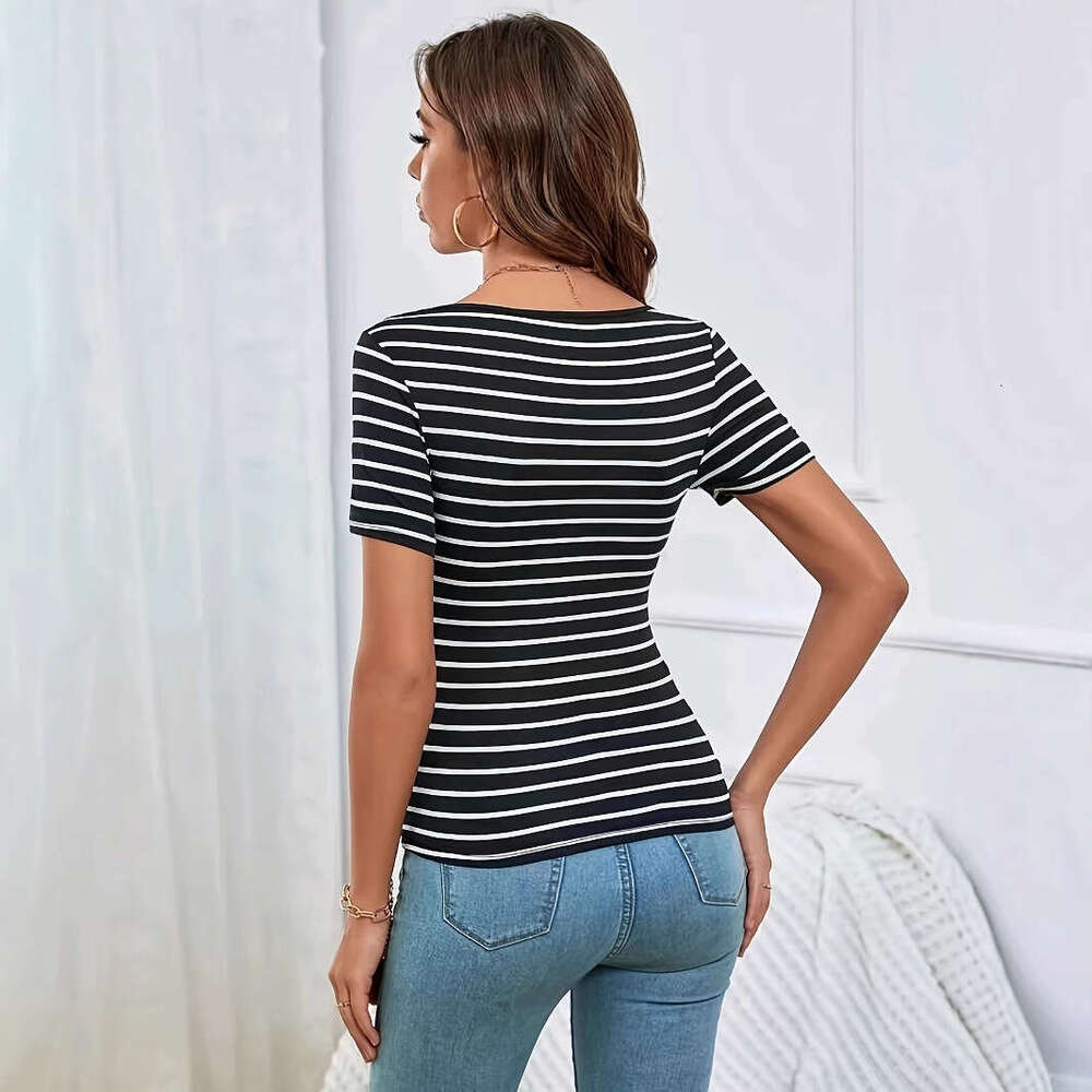 Cross Border Foreign Trade European And American Hot Selling Women S Short Sleeve T Shirt Striped Comfortable Sexy Slim Fit
