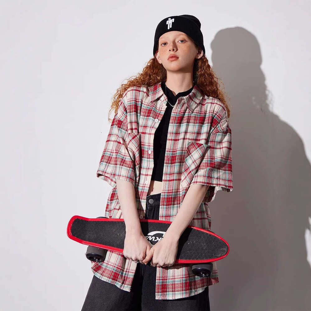 American Retro Plaid Short-Sleeve For Women, Loose-Fitting, Versatile Couple's Shirt