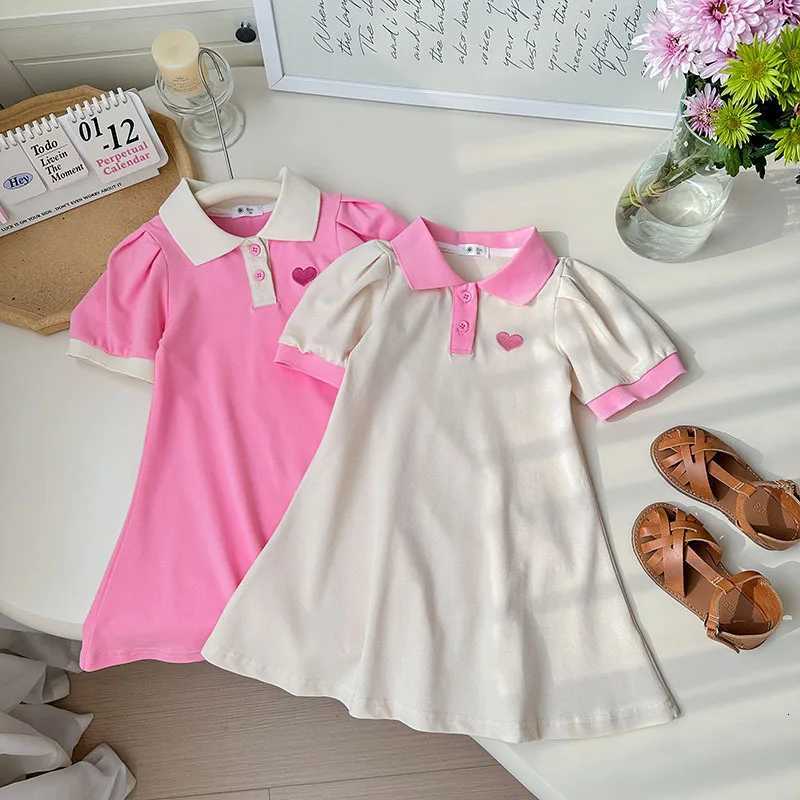 2026 Summer Stylish Girls Polo Shirt Dresses 1-7Y Trendy Embroidered Heart Lapel Dress for Kids Childrens Clothing OutfitT260330