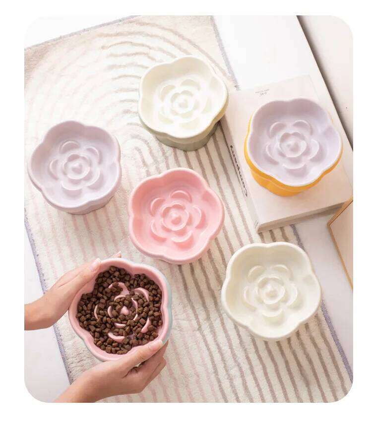 1pc Pet Slow Feeder Tall Ceramic Small Dog Cat Anti-Choking Anti-Spilling Guarded Neck Slanted Bowl 26W0330
