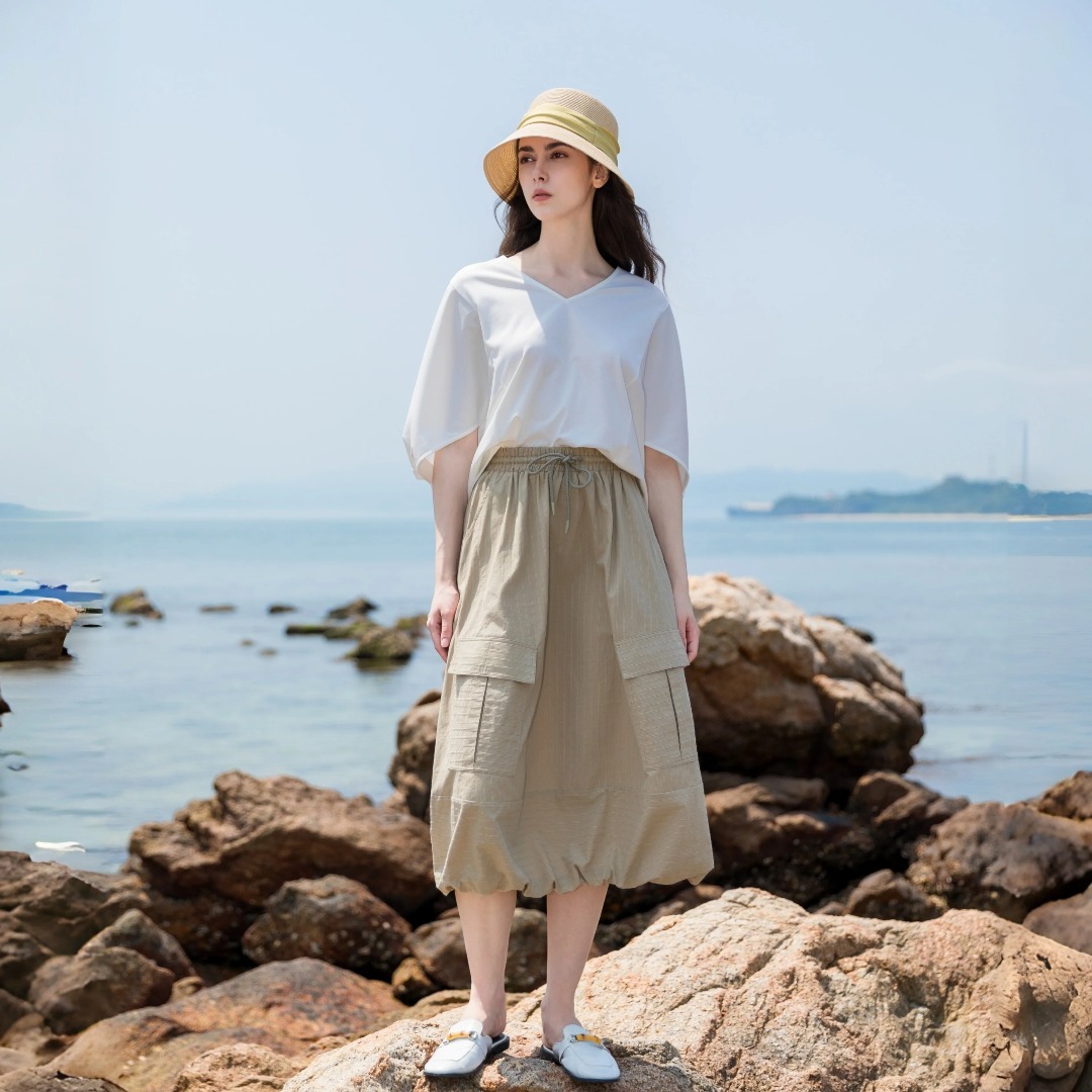 Luxury Designer Khaki Cargo Skirt Women Y2K Streetwear Midi Skirt Pocket Drawstring Elastic Waist Bubble Hem Casual Loose Fit Lightweight Skirt