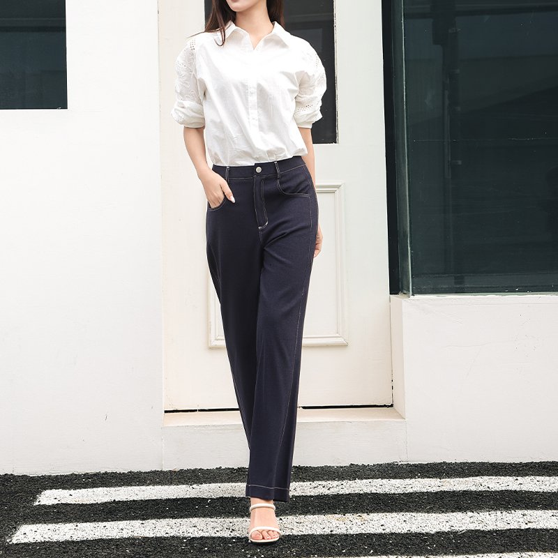 women's long high-waisted wide-leg denim casual street-style straight-leg pants