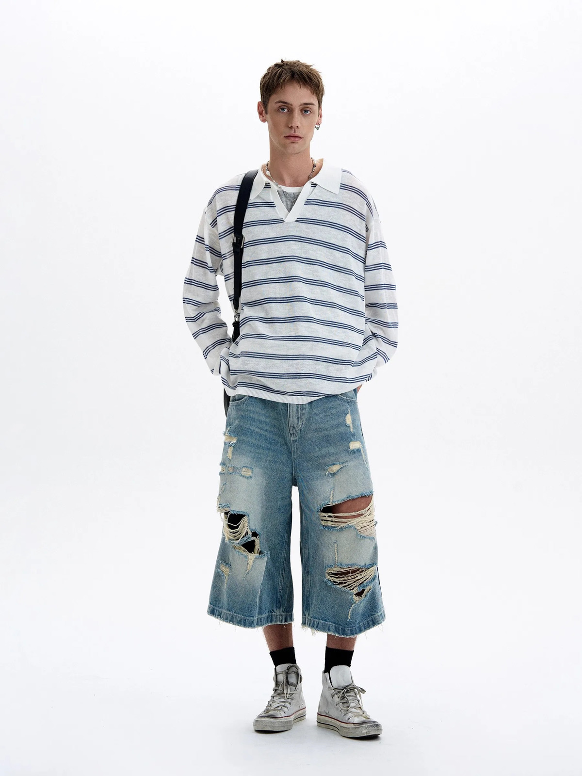 American Retro Striped Contrasting Color V-neck Long-sleeved Polo Shirt Men Women Loose Casual Bottoming Trendy Tops Aesthetic 260326