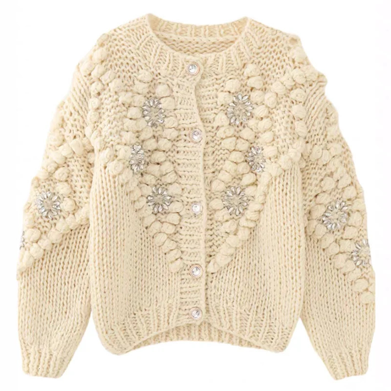 Handmade Bubble Diamond Embellished Cardigan Crochet Flower Chunky Knit Sweater 3D Floral Details Button-Up Knitwear Coat 260327