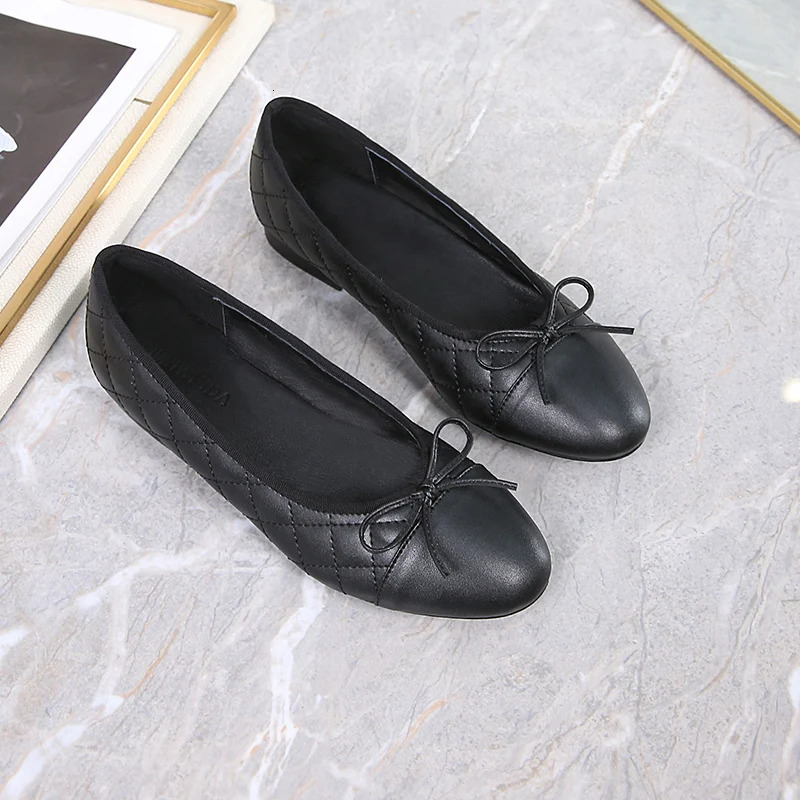 Fashion Stitching Woolen Womens Basic Black Soft Leather Ballet Shoes Flat Shoes Round Toe Shallow Bow Ballet Single Shoes 260323