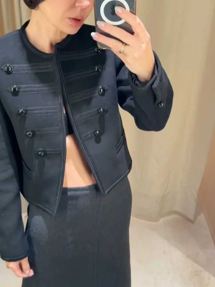 Chic Black Round Neck Napoleon Military Jacket Women Casual Full Sleeve Buttons Cropped Slim Coat 2026 Lady Daily Street JacketsT260328