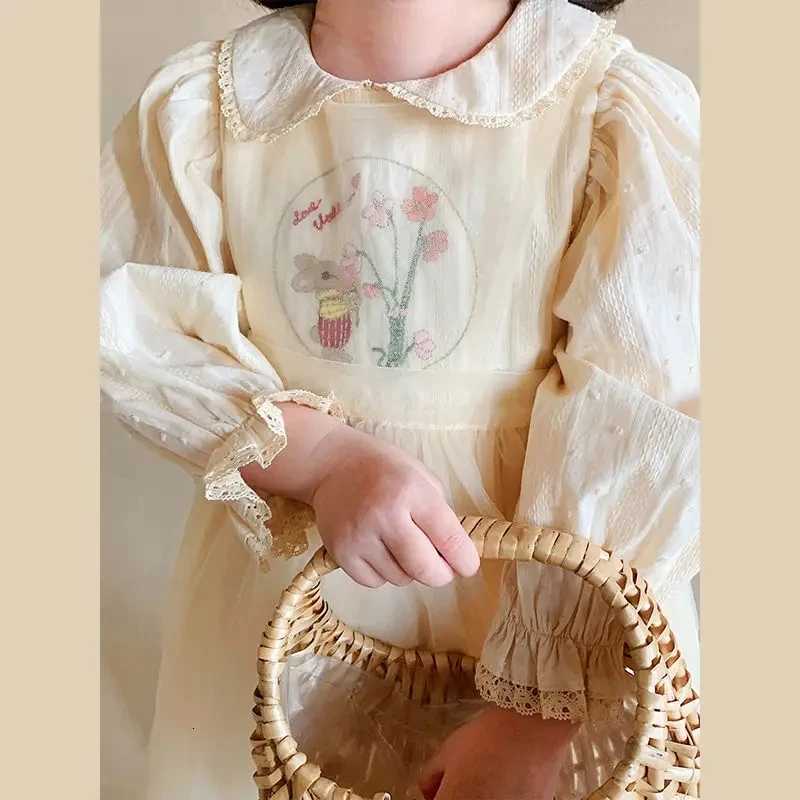 1-9Y New Baby Kid Girl Spring Summer Cream Color Kids Infant Dress Children Doll Collar Embroidered Yarn Dress Girls ClothesT260330