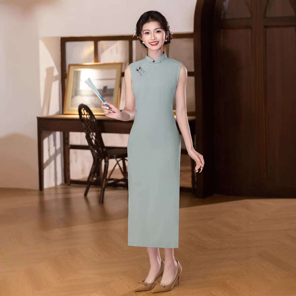 2026 Summer New Solid Color Chinese Modified Cheongsam For Women, Sleeveless, Artistic Elegant, Everyday Young Style Dress, In Stock Qipao Hanfu Silk