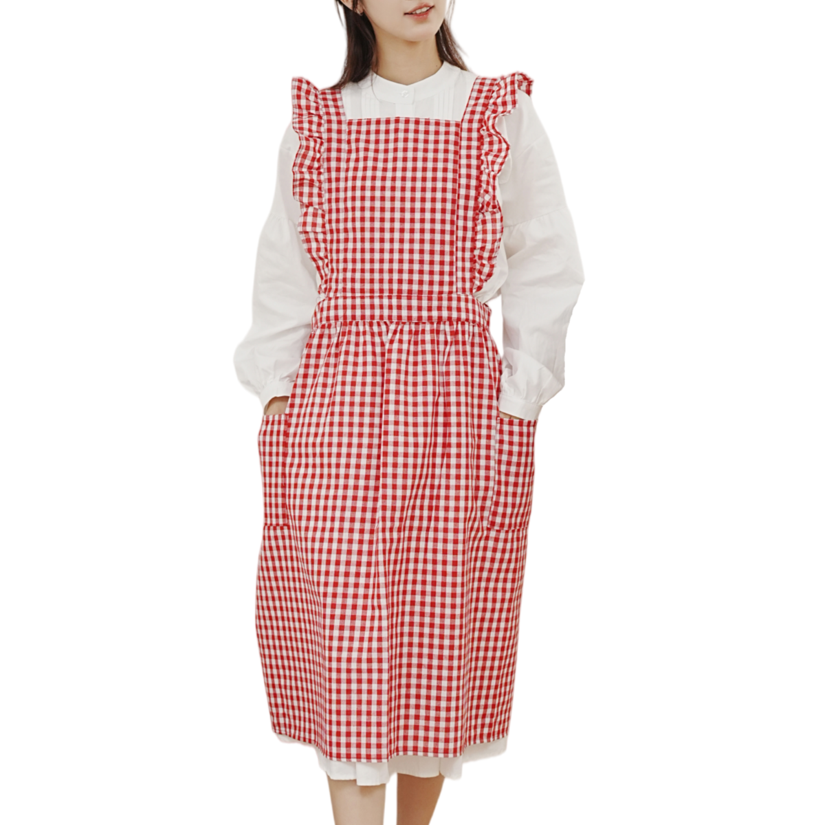Premium Vintage Plus Size 100% Cotton Ruffle Plaid Apron With Pockets, Adjustable Strap Anti-fouling Kitchen Smock, Free Shipping, In Stock