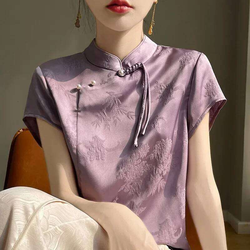 New Chinese Style Short Sleeve Shirt Women's Retro Reformed Acetate Satin Floral Embroidery Top Button Decorated Qipao Cheongsam MAKOUFEI