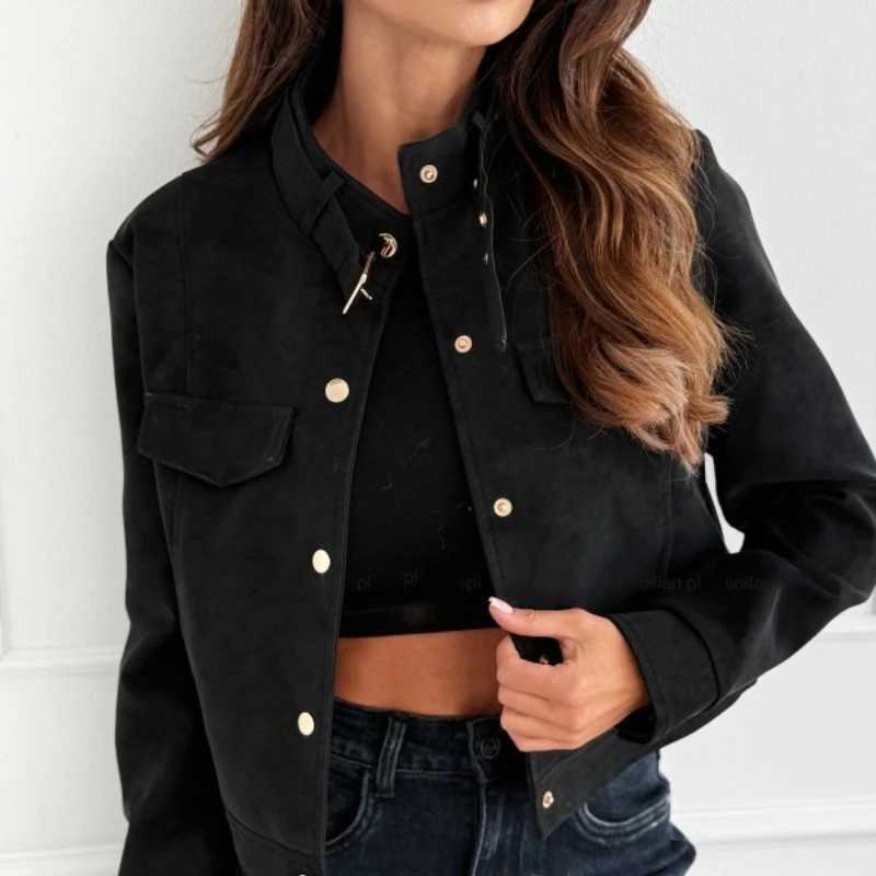Spring Autumn Elegant New in Short Jacket Womens Long Sleeve Retro Solid Color Fashion Button Straight Jacket Top ClothesT260328