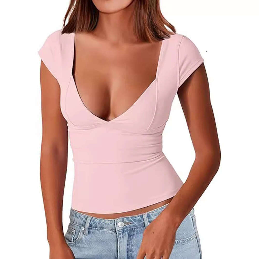 Cross Border Fashion Queen Women S Sexy Deep V Neck Backless Top Short Sleeve Slim Fit T Shirt Basic Style