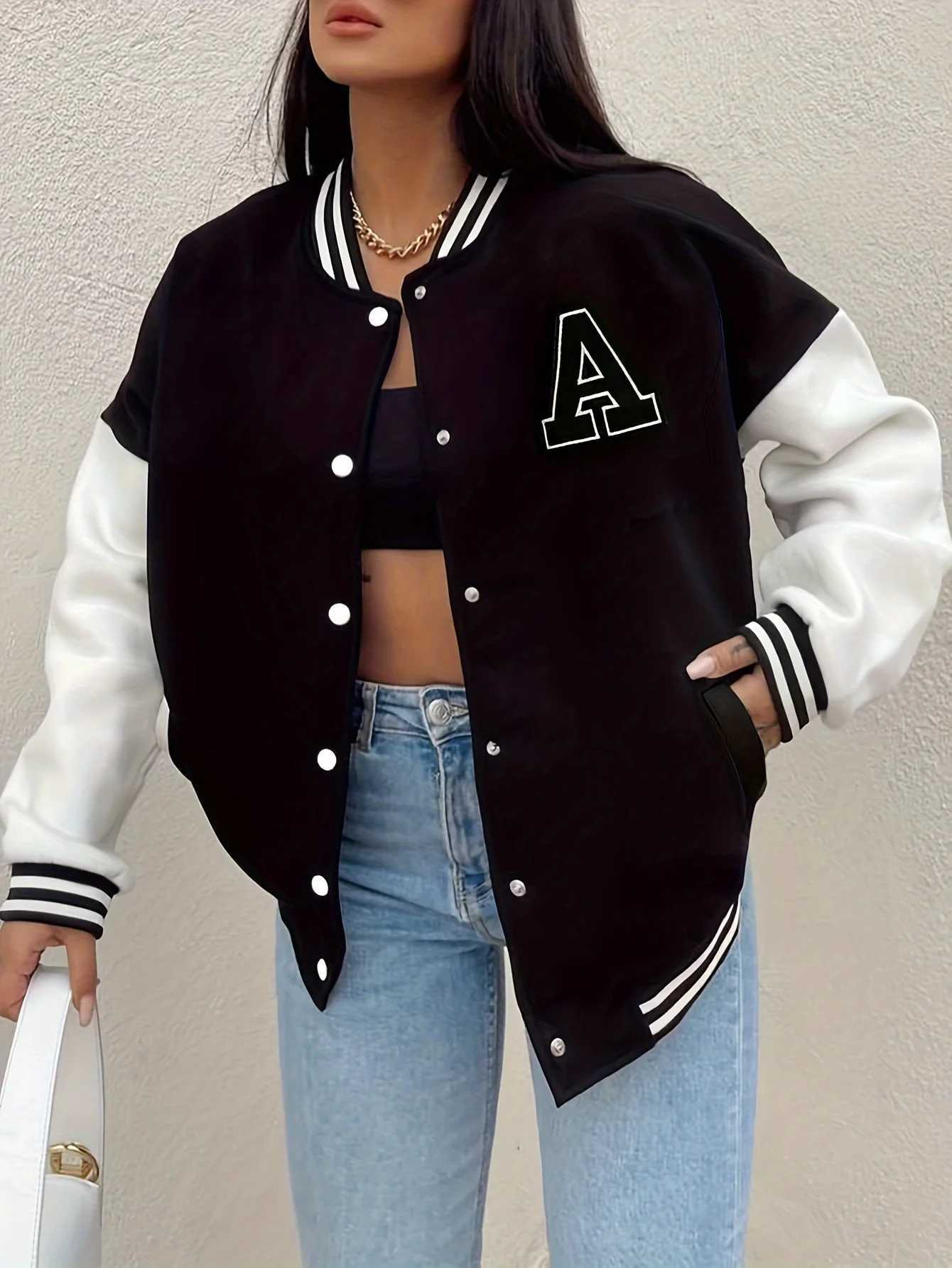 New Arrival Letter Rib Sleeve Top Fashion Single Breasted Casual Bomber Baseball Jacket Loose Cardigan CoatT260328