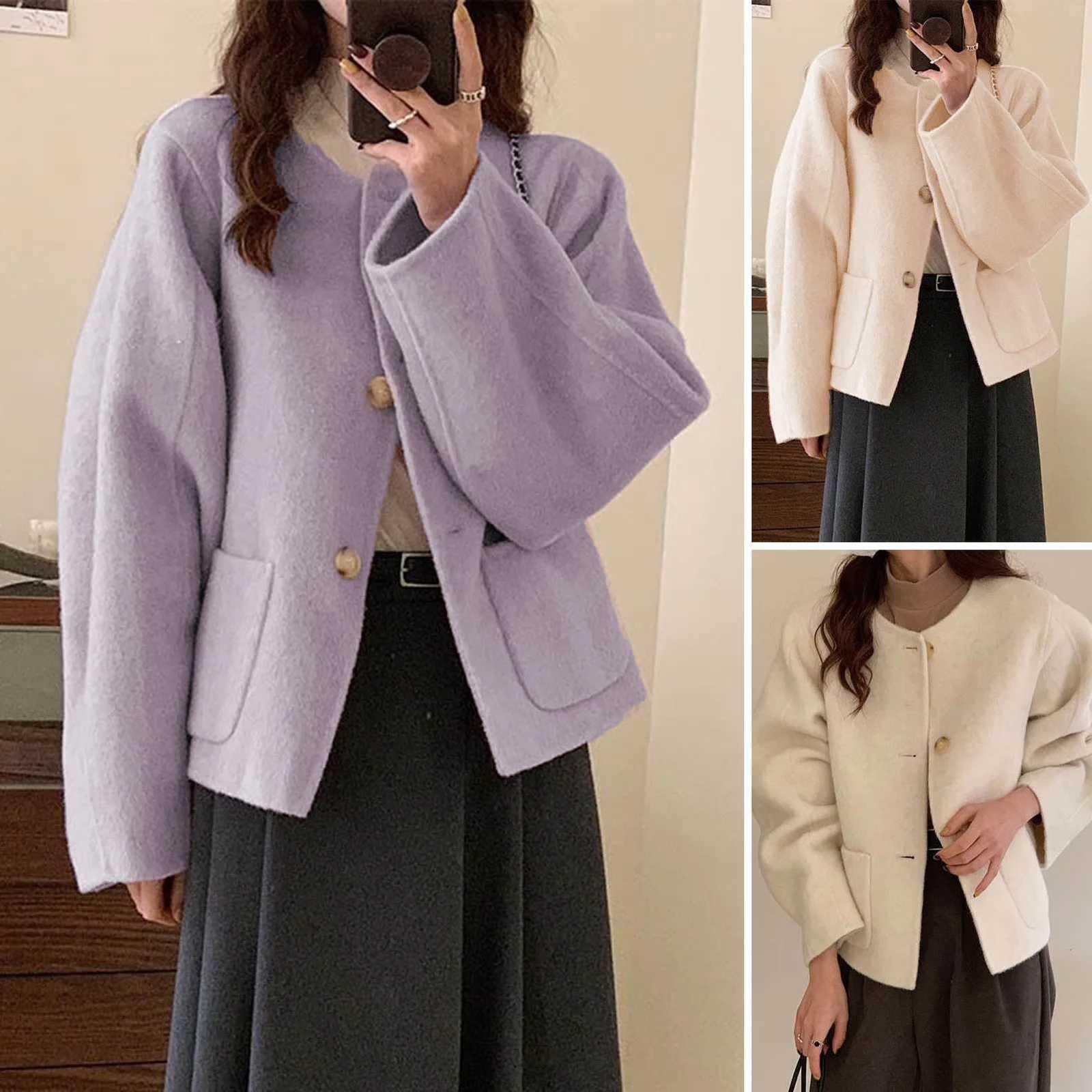 Round Neck Jacket Stylish Single-breasted Womens Coat for Fall Spring Long Sleeves Cardigan in Solid Color Loose Fit for DatingT260328