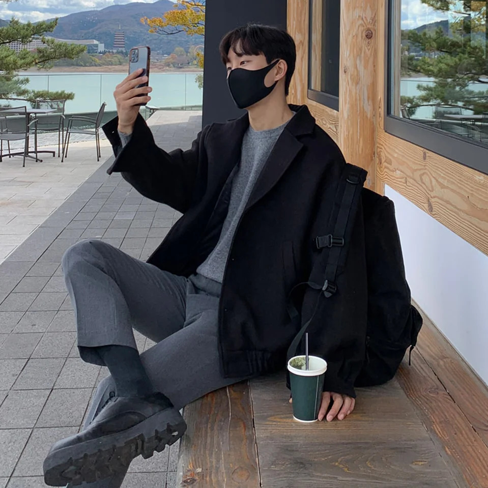 Loose Casual Mens Solid Color Jacket Fashion Daily Commuting Windproof Short Woolen Coat Thickened Warm 260327