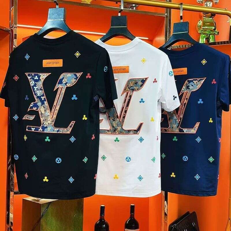 Light Luxury High-end Embroidery Short Men's Trendy Brand Cool Round Neck Regular Shoulder T-shirt Summer Fashion Casual Half Sleeve Trend