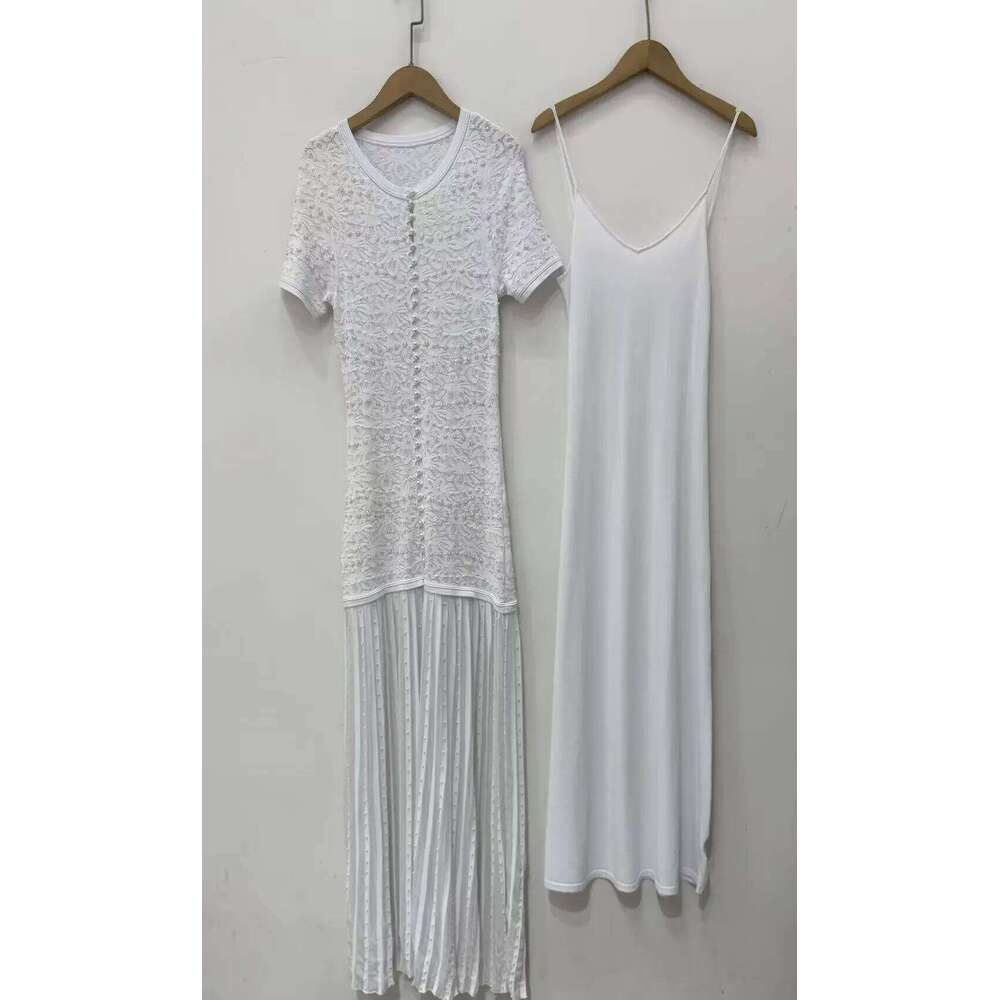 Women Single Breasted Slim Knit Midi Dress Spring New Pearl Decoration High Waist Lady Short Sleeve Splices Long Robe Mdng260330