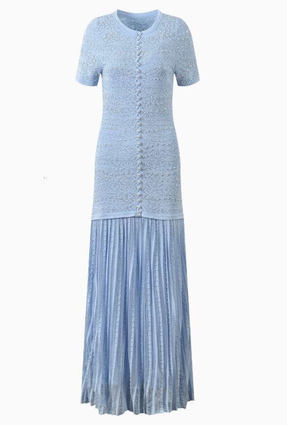 Asian Size Mist Blue Luxury Evening Lace Beaded Long Knitted Dress High-End Women's Clothing Spring New Style Mdng260330