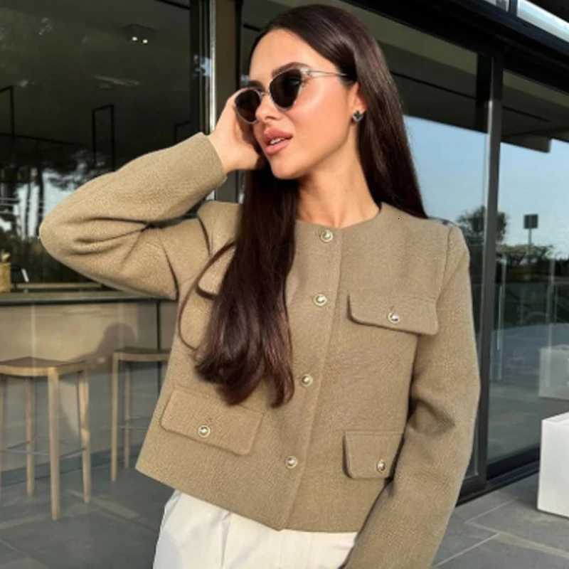 HXAO Tweed Bomber Jacket Womens Jackets Autumn 2025 Cropped Button Up Outerwears Elegant Fashion o-Neck Long Sleeve Top FemaleT260328