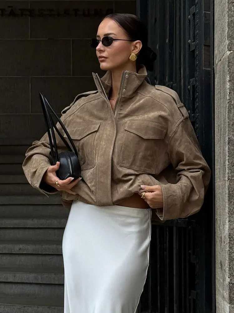 HH Women Street Casual Solid Suede Overcoat Jackets Stand Collar Zippers Loose Coats Female 2025 Autumn Fashion Lady JacketT260328