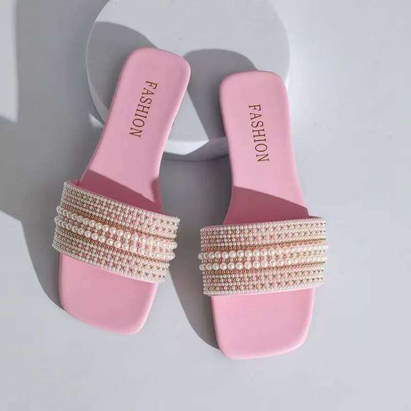 Pearl Decorated Round Headed Flat Bottom Women's Slippers 2025 Summer Casual Simple Versatile Open Toe Comfortable Sandals