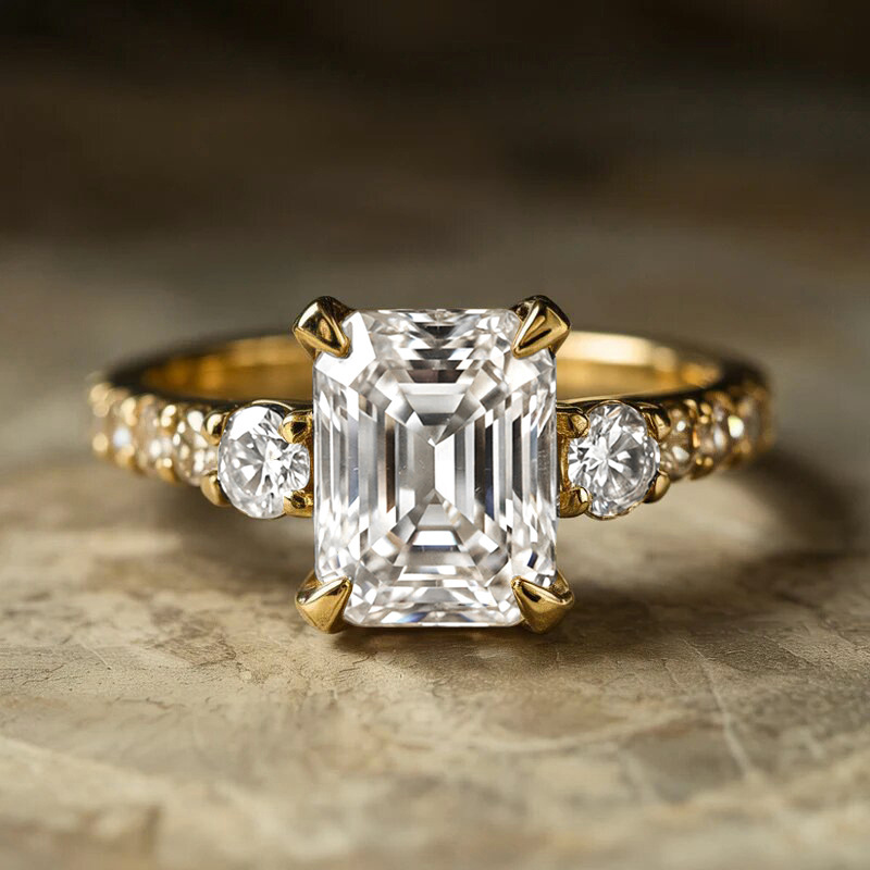 Classic Three Stone Princess Cut Ring 14k Gold Plated 5A Cubic Zirconia Engagement Ring Paved Band Wedding Promise Ring for Bridal Jewelry Gift Size 6