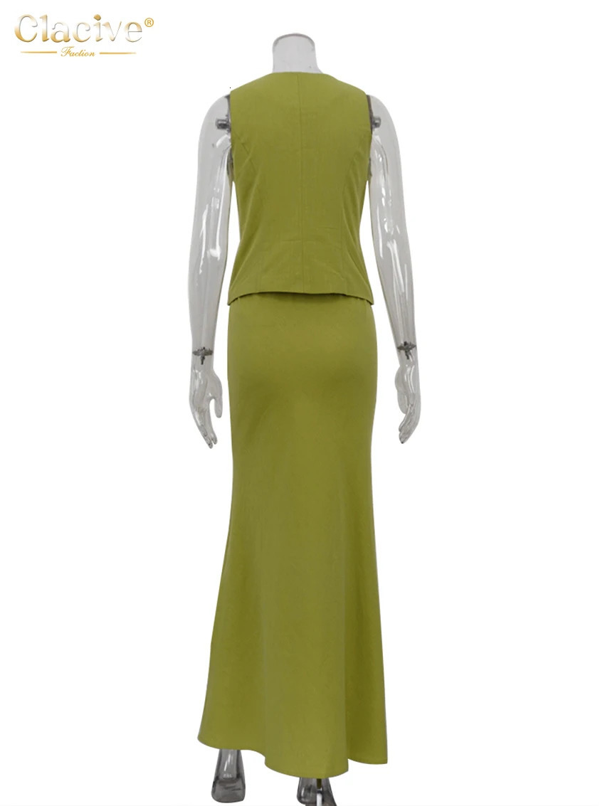 Clacive Sexy Slim Green Cotton 2 Piece Sets Women Outfit Summer Sleeveless Tank Top With Mid Waist Long Skirts Set Female 260326