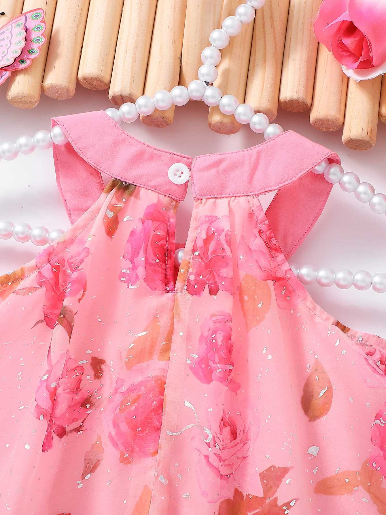 Girls Pink Rose Print Hanging Neck Princess Dress Childrens Sequin Tulle Gown Elegant Party Wear for KidsT260330
