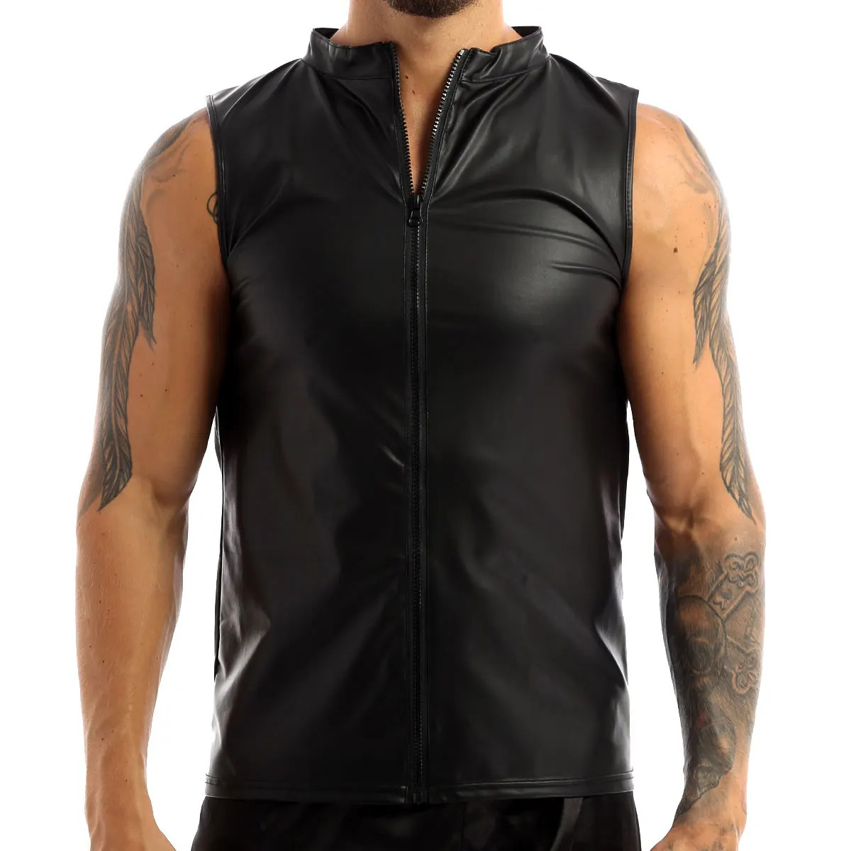 Mens Leather Vest Elastic Fashion PU TShirts Bikers Tank Tops Streetwear 260312