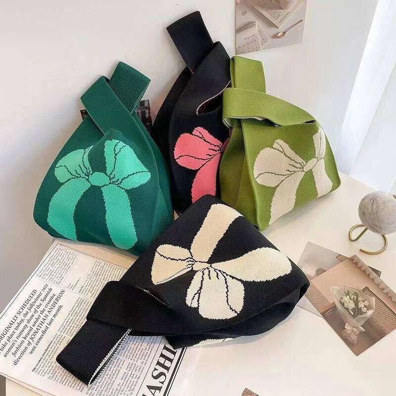 Chinese Embroidery Women Handmade Knot Wrist Cnew Bowknot Knit Handbags Asual Small Bow Tote Bag Girls Reusable Shopping Bags Clutch Bags
